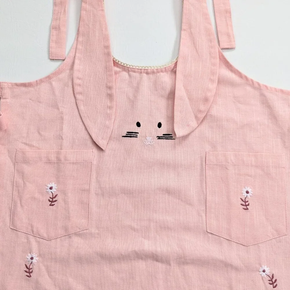 Sur La Table Girls Easter Bunny Apron Pink Floral Embroidered 7-10 Years Cotton